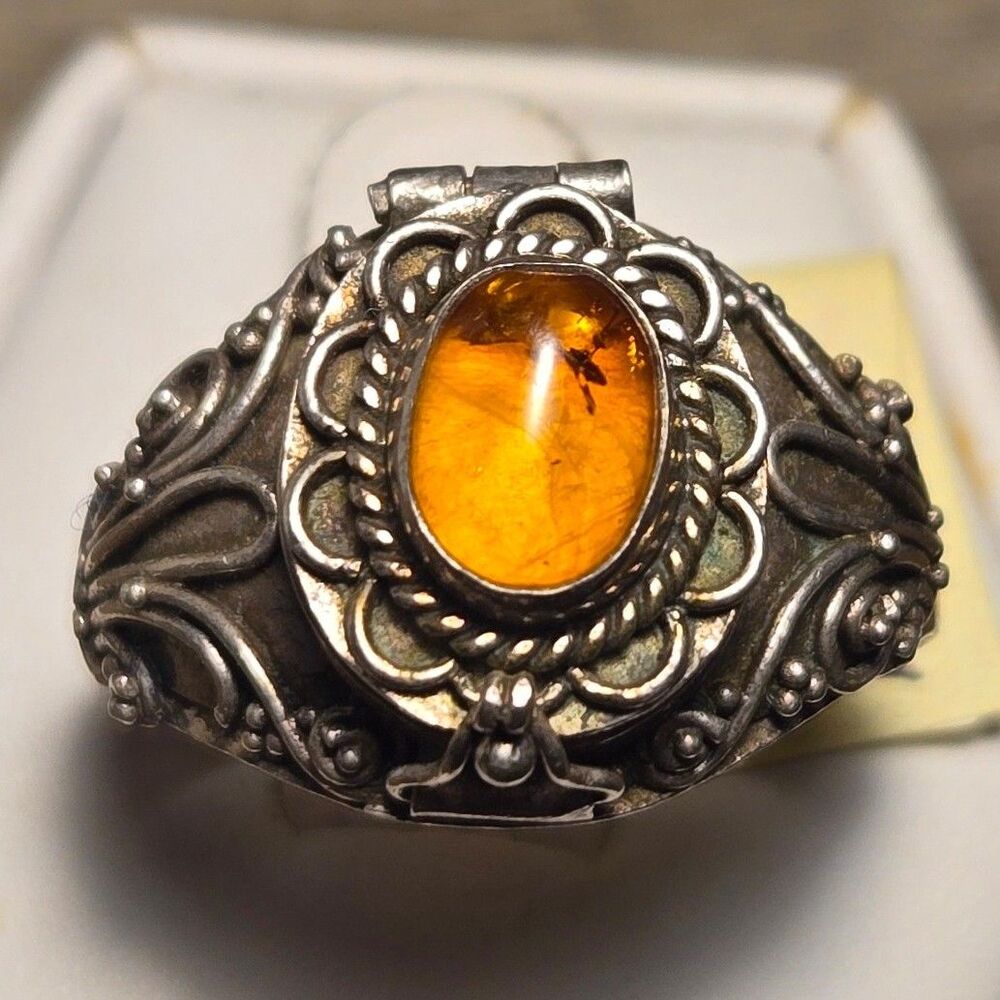 Rare Amber Poison Ring vintage sterling silver ring sz 9.5